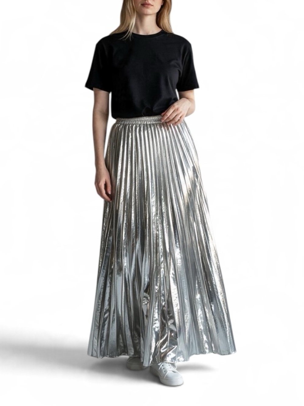 EN SAISON Metallic Silver Pleated Maxi Skirt - Women's SZ L